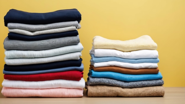 Neatly stacked clothes with a yellow backdrop perfect for wardrobe organization