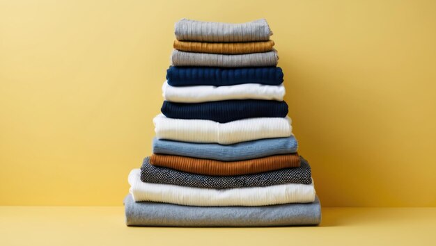 Photo neatly stacked colorful clothes on a wooden surface against a yellow backdrop