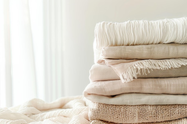 A neatly stacked pile of soft neutralcolored linens sits by a window basking in gentle natural light