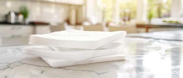 A neatly stacked pile of white paper napkins sits on a polished marble kitchen counter reflecting a clean and organized kitchen space