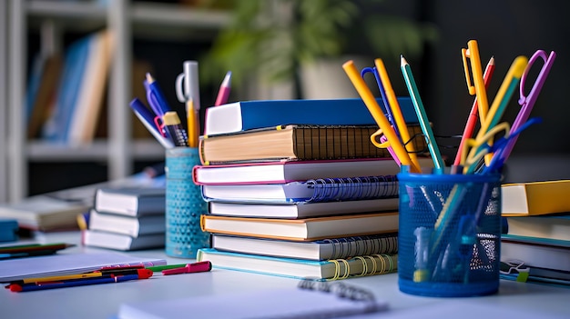 Neatly stacked school books and stationery on a clean white surface