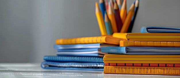 Neatly stacked school materials with copy space on a white background