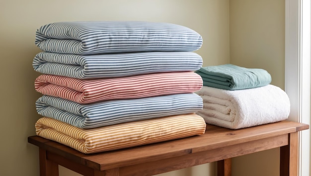 Neatly stacked striped blankets in pastel colors on a wooden table