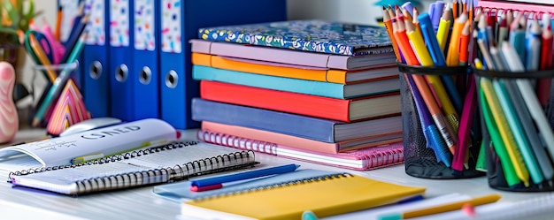 Neatly stacked textbooks and stationery on a white background