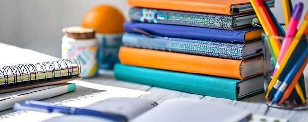 Neatly stacked textbooks and stationery on a white background