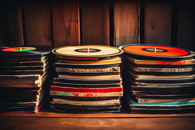 Neatly stacked vintage vinyl records create a nostalgic backdrop for music enthusiasts