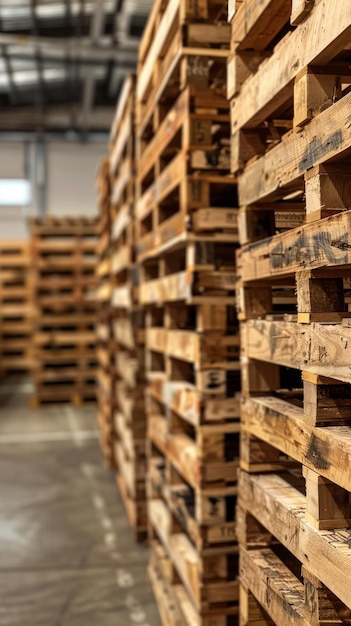 Neatly stacked wooden pallets arranged in rows on a warehouse floor creating a uniform and orderly