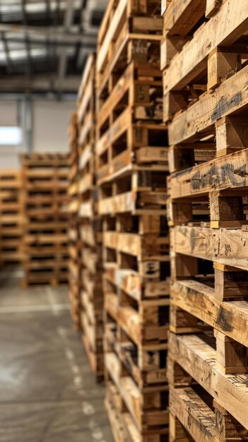 Photo neatly stacked wooden pallets arranged in rows on a warehouse floor creating a uniform and orderly