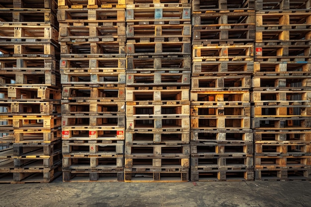 Photo neatly stacked wooden pallets arranged in rows on a warehouse floor creating a uniform and orderly