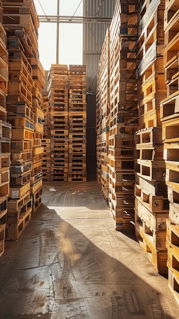 Photo neatly stacked wooden pallets arranged in rows on a warehouse floor creating a uniform and orderly