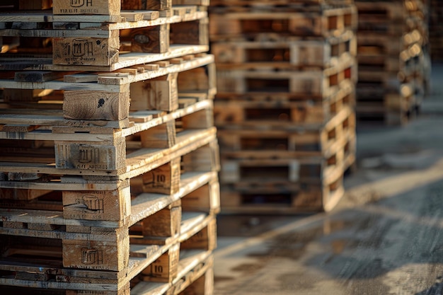 Neatly stacked wooden pallets arranged in rows on a warehouse floor creating a uniform and orderly