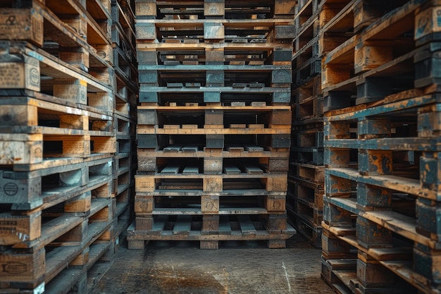 Neatly stacked wooden pallets arranged in rows on a warehouse floor creating a uniform and orderly