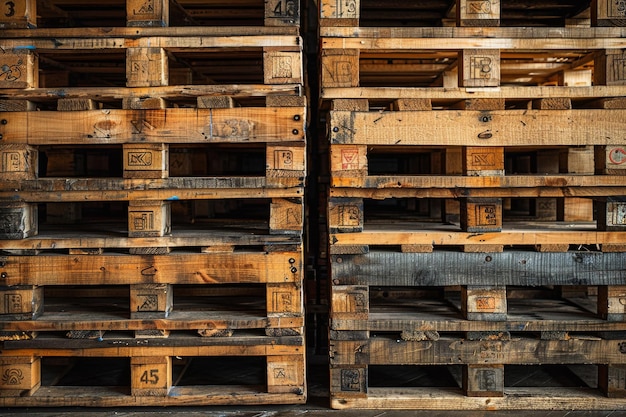 Neatly stacked wooden pallets arranged in rows on a warehouse floor creating a uniform and orderly