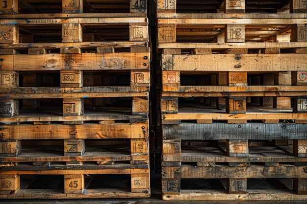 Photo neatly stacked wooden pallets arranged in rows on a warehouse floor creating a uniform and orderly