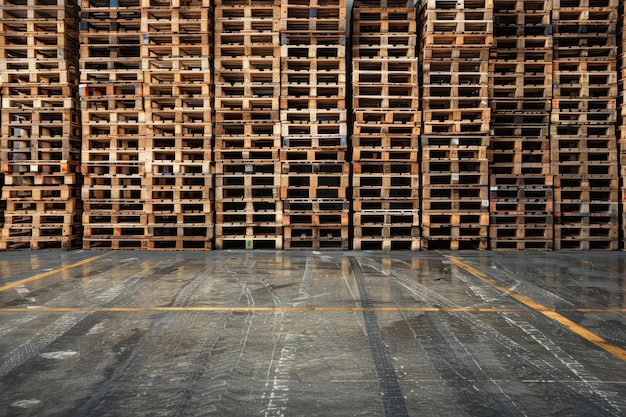 Neatly stacked wooden pallets arranged in rows on a warehouse floor creating a uniform and orderly