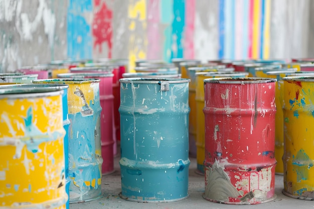 Photo neatly standing cans of colorful paint