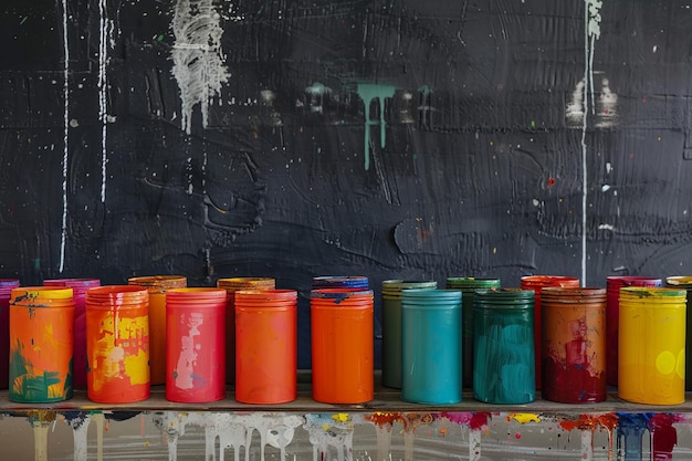 Photo neatly standing cans of colorful paint