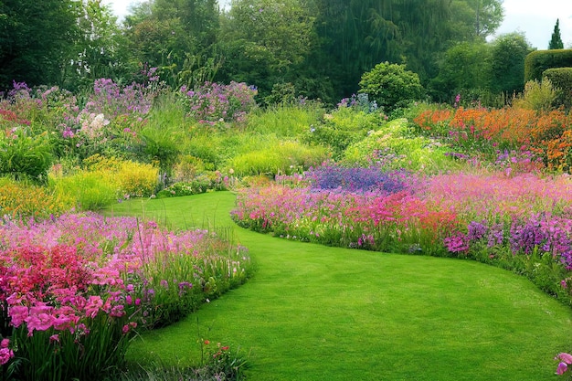 Neatly trimmed lawn in blooming flowers