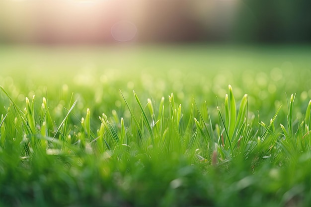 Neatly trimmed lawn on blurred spring background Ground level view Generative AI