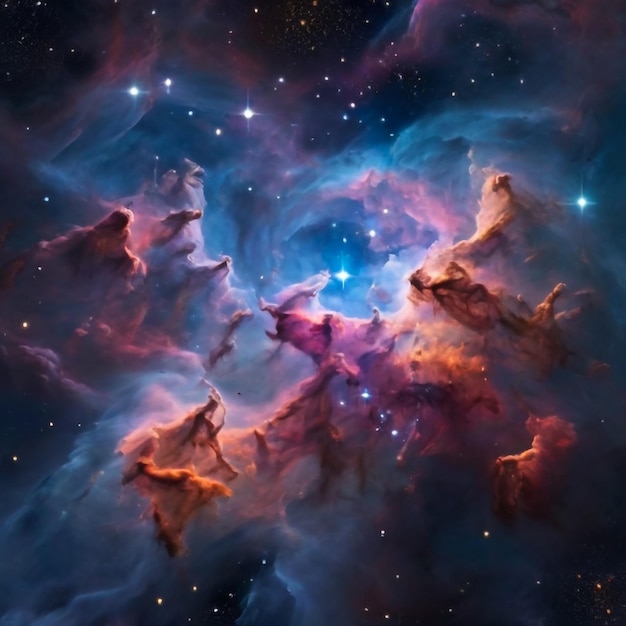 A nebula blossoms in the vastness of space its ethereal clouds ablaze with vibrant colors Stars