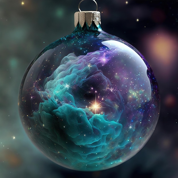 Nebula in a Christmas ball closeup on dark background Space illustration