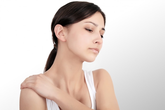 Neck Pain. Beautiful Woman Having Pain In Neck, Painful Feeling