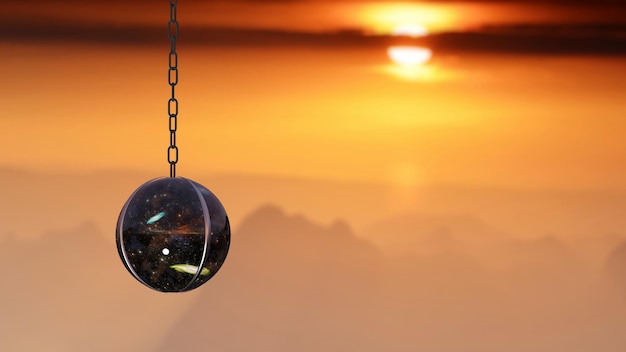 A necklace ball that contains a universe with mountain range background in a morning (3D Rendering)