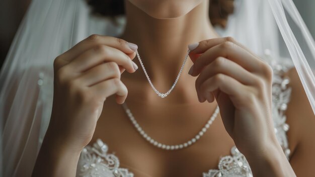 necklace jewelry on the neck of the bride smoothskinned beautiful woman