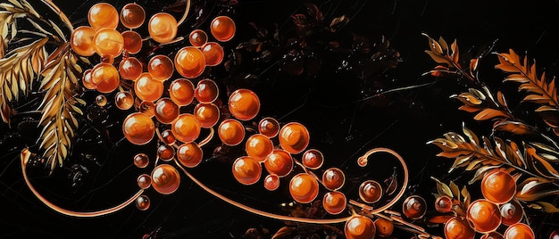 a necklace of orange colored beads with gold leaves and a gold band