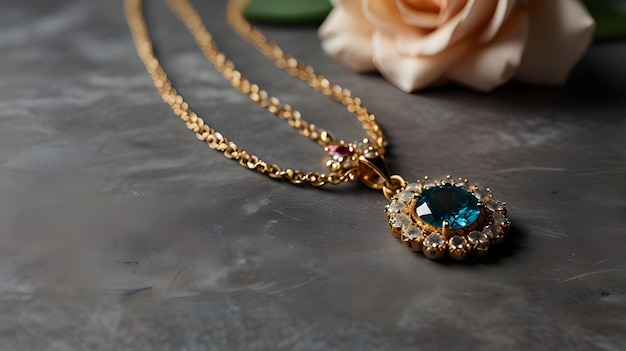 a necklace with a diamond and a gold flower on it