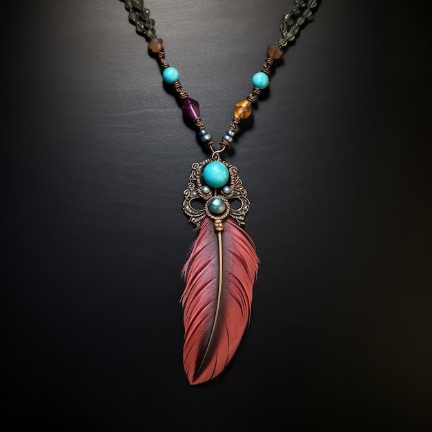 A necklace with a feather and beads