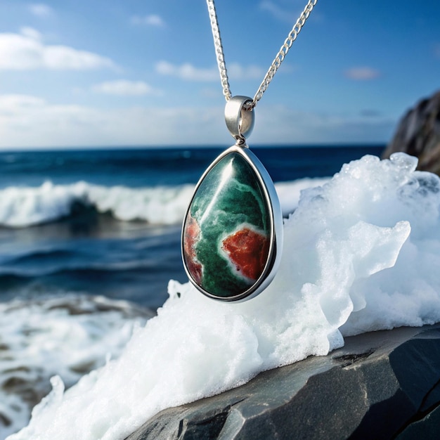 Photo a necklace with a green and red heart on it is on a rock