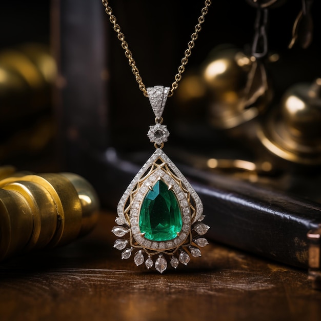 a necklace with a green stone on it sits on a table