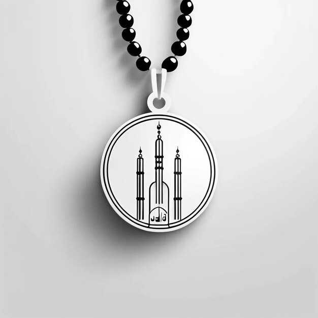 Photo a necklace with a mosque on it and a black and white picture of a mosque on the bottom