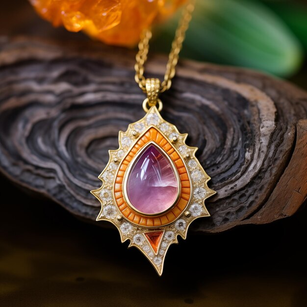 a necklace with a pink stone and a diamond on it