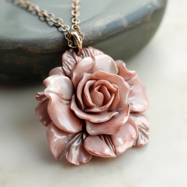 A necklace with a rose pendant on it and a stone on the table.