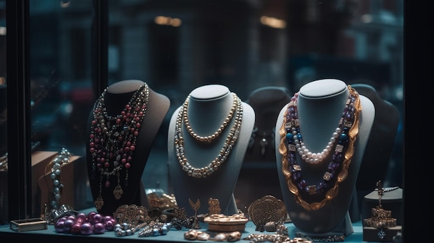 Necklaces and earrings in a shop window