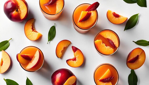 Photo nectarine slices with summer drink high angle view on a white surface