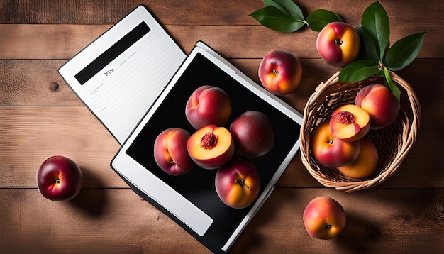 Photo nectarines in a basket with notebook