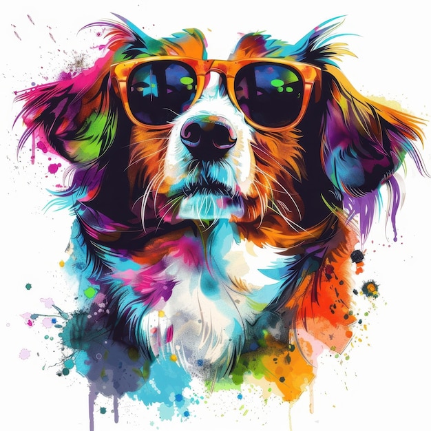 Nederlandse Kooikerhondje dog wearing sunglasses in colorful pop art style