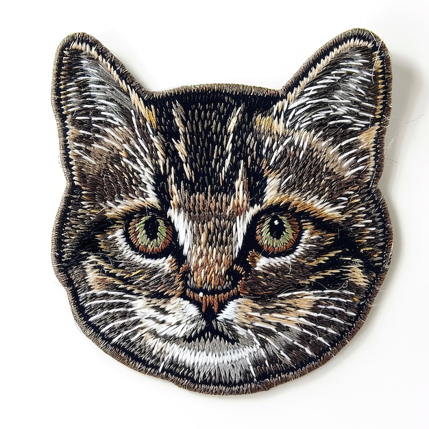 Photo needlepoint embroidery iron on patch of a cat face isolated on white