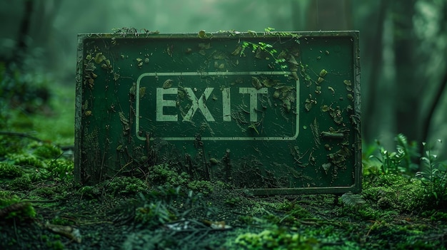 Photo a neglected exit sign lies amidst the dense undergrowth of a fogladen forest creating a mysterious and abandoned atmosphere