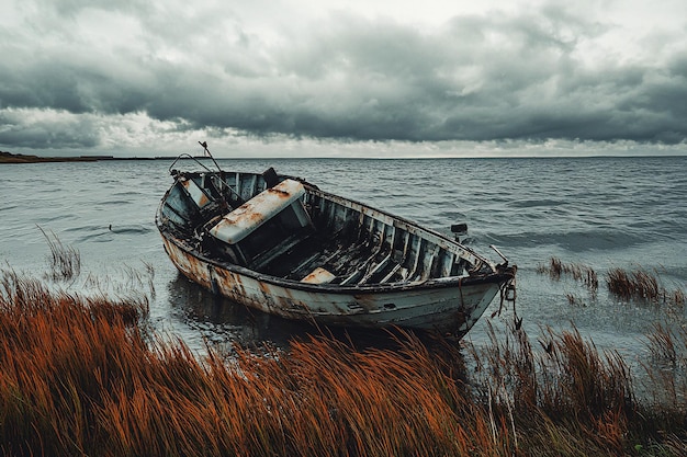 Photo the neglected fishing boat slowly submerges into the ocean a poignant symbol of forgotten aspiration