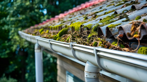 Neglected Gutters Overgrown with Moss and Debris Concept Gutter Maintenance Moss Removal Debris Clearing Neglected Home Exterior Overgrown Downspouts