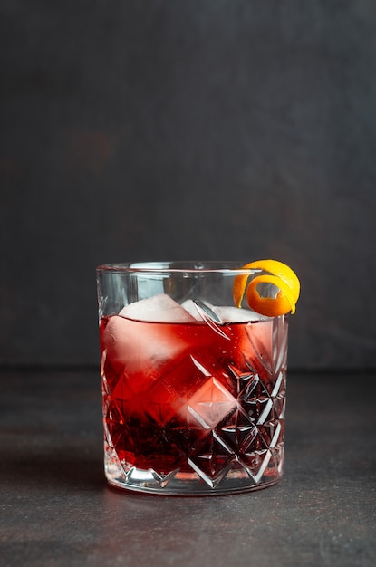 Negroni cocktail. Bitter, gin, vermouth, ice. Bar. Recipes. Alcoholic beverages.