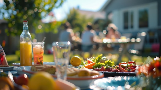 Neighborhood picnic outdoors on sunny spring or summer day with people on the background and served