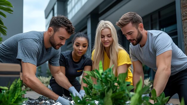 Photo neighbors collaborate on eco friendly recycling project with joyful enthusiasm