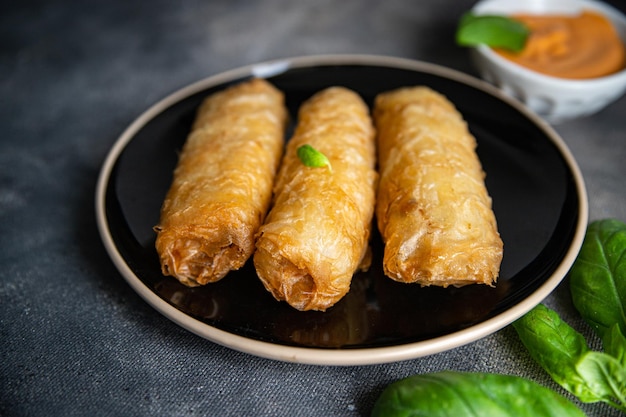 Nem asian food meat vegetable nems spicy sauce cuisine deep fried spring rolls fresh meal