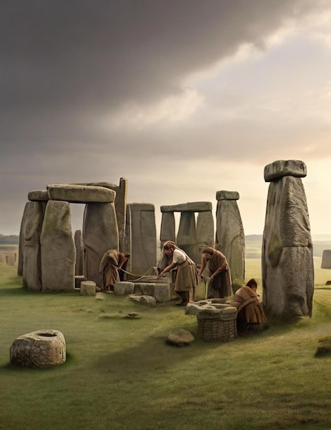 Photo neolithic britons building stonehenge