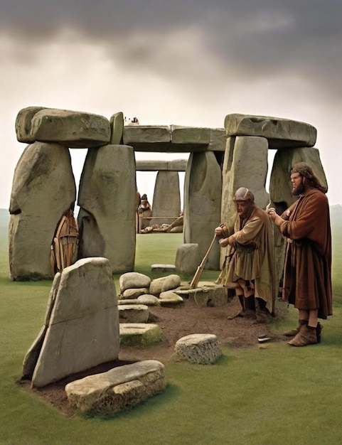 Photo neolithic britons building stonehenge